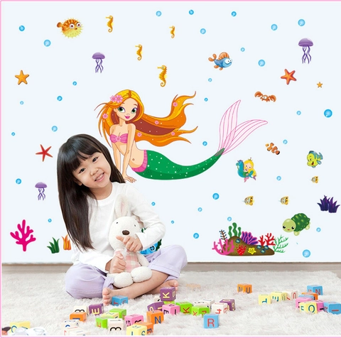 Cartoon Mermaid Ocean World Wall Sticker Waterproof PVC DIY Marine Life Decal For Kids Room Bathroom Bedroom Decor