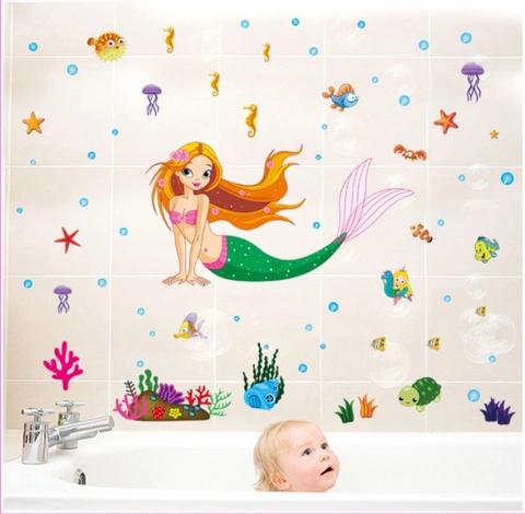 Cartoon Mermaid Ocean World Wall Sticker Waterproof PVC DIY Marine Life Decal For Kids Room Bathroom Bedroom Decor