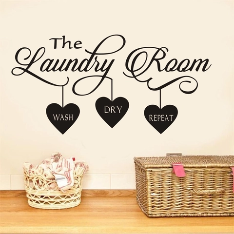 Adesivo Murale Lavanderia PVC Impermeabile Motivo a Cuore Wash Dry Repeat Decalcomania Decorativa per Casa