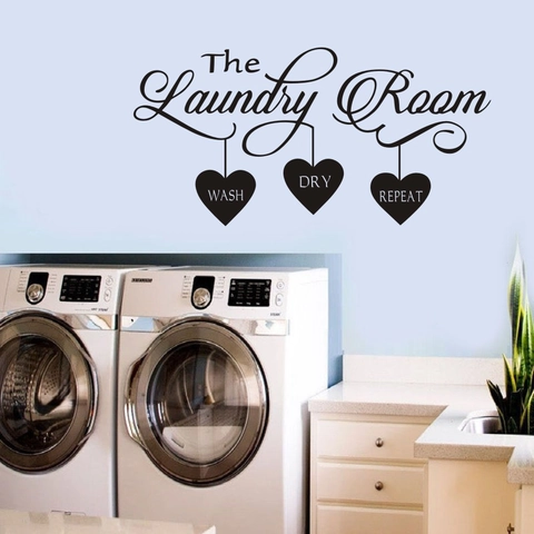 Adesivo Murale Lavanderia PVC Impermeabile Motivo a Cuore Wash Dry Repeat Decalcomania Decorativa per Casa