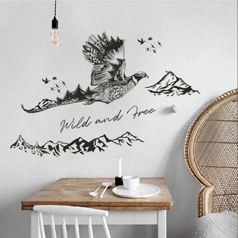 Adesivo da Parete Aquila Uccello Montagna Stile Inchiostro PVC Wild And Free Decalcomania in Vinile Decorazione Sfondo