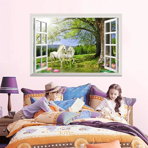 Adhesivo de Pared de Unicornio con Ventana Falsa 3D Patrón de Lago de Bosque Loto Mural de PVC Impermeable para Decoración