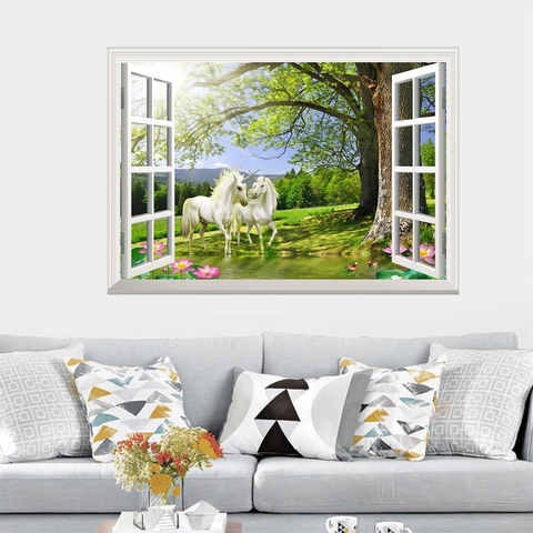 Adhesivo de Pared de Unicornio con Ventana Falsa 3D Patrón de Lago de Bosque Loto Mural de PVC Impermeable para Decoración