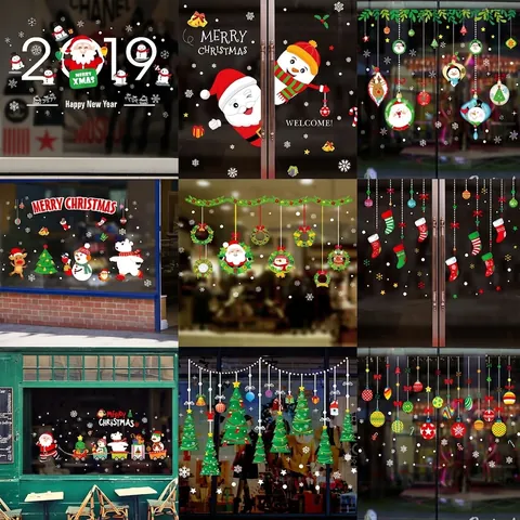 Christmas Window Stickers Santa Claus Snowman Reindeer PVC Waterproof Wall Decals Holiday Glass Showcase Festive Decoration