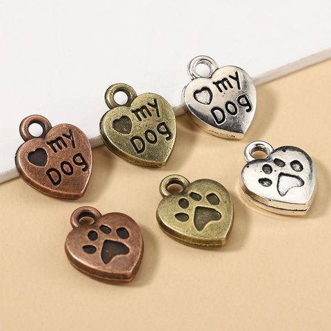 Vintage Alloy Heart Dog Paw Pendants My Dog Letter Charms For DIY Jewelry Making Antique Bronze Silver Red Copper Pet Collar Pendants