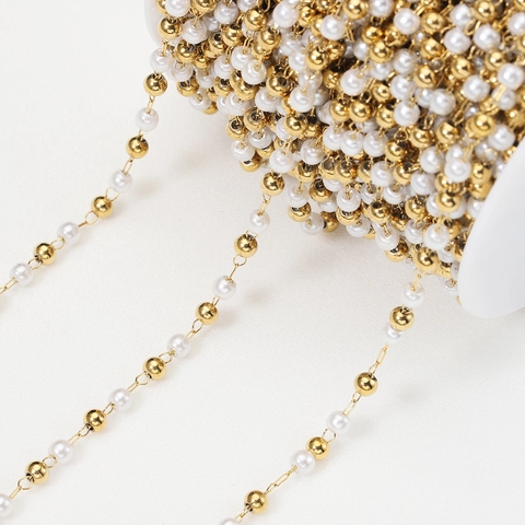 Stainless Steel Faux Artificial Pearl Beaded Chain Gold Plated Metal Beads Link For DIY Necklace Bracelet Jewelry Making Accessories