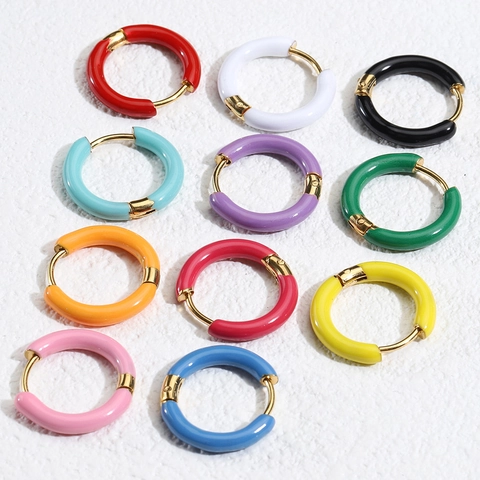 Colorful Drip Oil Stainless Steel Hoop Earrings For Women Minimalist Geometric Round Hinged Loop Enamel Jewelry Accessories