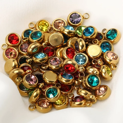 Stainless Steel Round Bezel Rhinestone Birthstone Charms Colorful Crystal Pendants For DIY Earring Necklace Jewelry Making Supplies