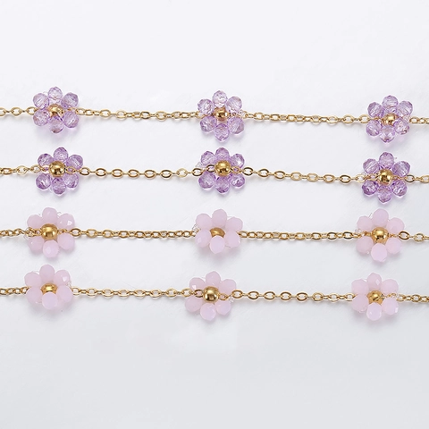 18K Gold Plated Stainless Steel Flower Chain Pink Amethyst Crystal Beaded DIY Jewelry Making Chain For Necklace Bracelet