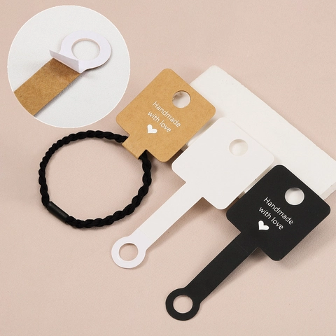 Folding Adhesive Cardboard Jewelry Display Cards For Hair Ties Bracelets Handmade With Love Pattern Kraft Paper Packaging