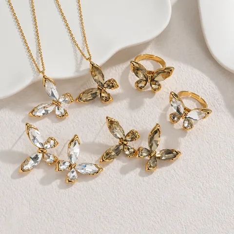 Roestvrij Staal Vlinder Ketting Oorbellen Ring Verguld Strass Kristal Sieraden Collectie Voor Dames