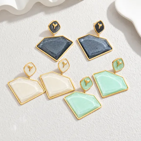 Orecchini Pendenti Geometrici a Coda di Pesce in Acciaio Inossidabile Vintage Francese per Donna Gioielli di Lusso Intarsiati in Resina Perlata Placcati Oro