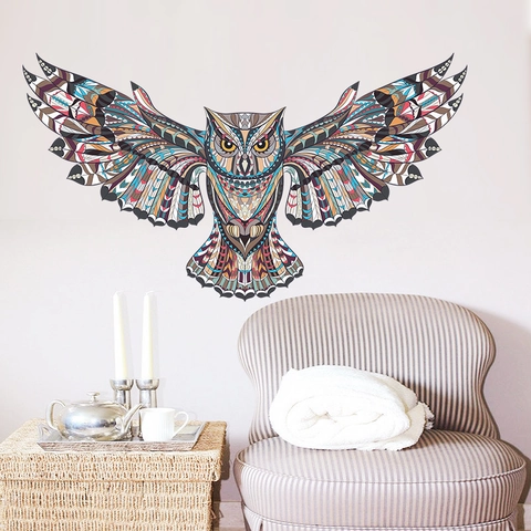 Mandala Eule Bunt Abnehmbar PVC Wandaufkleber Geometrisch Stammes Totem Wasserdicht Aufkleber Für Wohnzimmer Schlafzimmer Deko