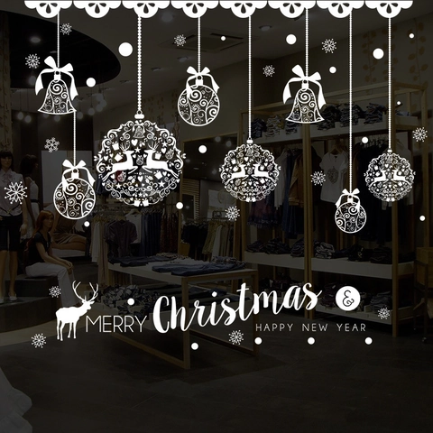 Adesivo per Finestra Natalizio Bianco in PVC Renna Fiocco di Neve Merry Christmas Happy New Year Decalcomania per Vetro Negozio Casa