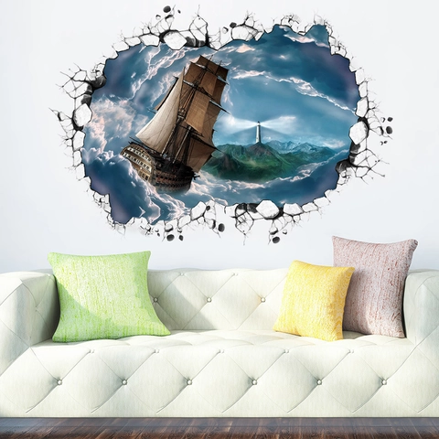 3D Durchbruch Segelschiff Wandtattoo Abnehmbare PVC Wolkenmeer Leuchtturm Wandbild Für Wohnzimmer Schlafzimmer Büro Haus Dekoration