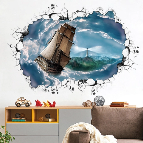 3D Durchbruch Segelschiff Wandtattoo Abnehmbare PVC Wolkenmeer Leuchtturm Wandbild Für Wohnzimmer Schlafzimmer Büro Haus Dekoration