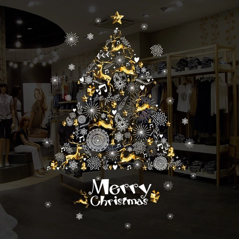 Kerstboom Raamstickers Goud Wit Rendier Sneeuwvlok Merry Christmas Decal Voor Winkel Glas Deur Huis Muur Decoratie