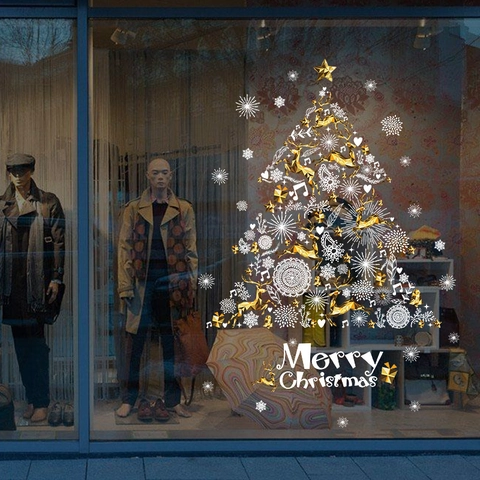 Kerstboom Raamstickers Goud Wit Rendier Sneeuwvlok Merry Christmas Decal Voor Winkel Glas Deur Huis Muur Decoratie