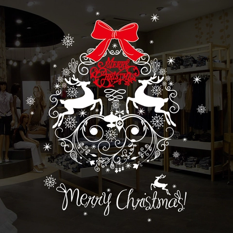 Weihnachten Rentier Schneeflocke Schaufensteraufkleber PVC Rot Schleife Rebe Merry Christmas Wandtattoo Für Schaufenster Deko