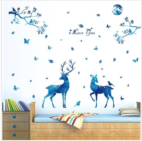 Pegatinas de Pared de Ciervo Azul Estrellado de Estilo Nórdico PVC Extraíble Cielo Estrellado Reno Luna Patrón Calcomanía de Pared Para Sala de Estar Dormitorio