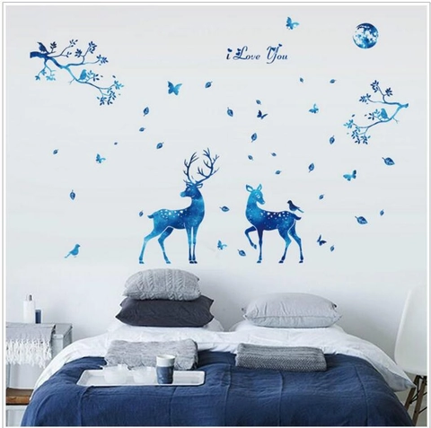 Pegatinas de Pared de Ciervo Azul Estrellado de Estilo Nórdico PVC Extraíble Cielo Estrellado Reno Luna Patrón Calcomanía de Pared Para Sala de Estar Dormitorio