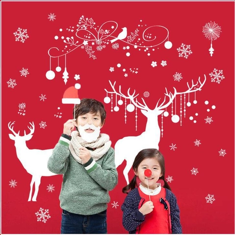 Pegatinas de Ventana de Navidad Con Reno Y Copo de Nieve Blanco Calcomanías de PVC Removibles Merry Christmas para Decoración de Cristal
