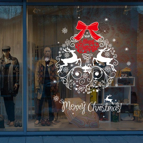 Weihnachten Rentier Schneeflocke Schaufensteraufkleber PVC Rot Schleife Rebe Merry Christmas Wandtattoo Für Schaufenster Deko