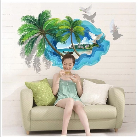 3D Tropischer Strand Palme Wandtattoo Wasserdicht PVC Abnehmbar Meer Landschaft Wandaufkleber Wandbild Für Wohnzimmer