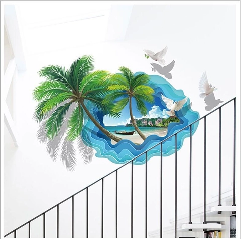 3D Tropischer Strand Palme Wandtattoo Wasserdicht PVC Abnehmbar Meer Landschaft Wandaufkleber Wandbild Für Wohnzimmer