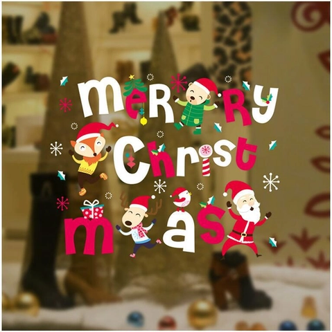 Pegatinas de Ventana de Feliz Navidad Papá Noel Reno Oso Polar Dibujos Animados PVC Vinilos de Pared Removibles para Escaparate
