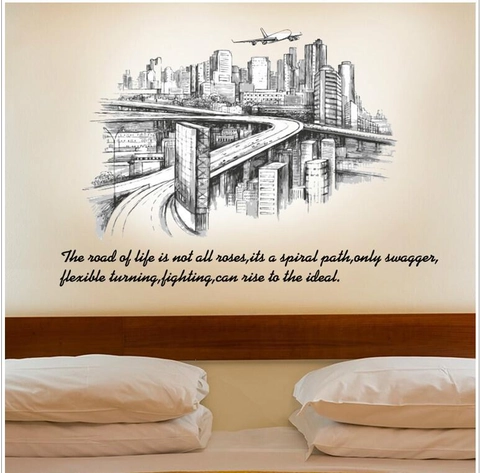Adesivo Murale in PVC Rimovibile Silhouette Skyline Città Citazione Motivazionale Ponte Aereo Schizzo Murale per Casa