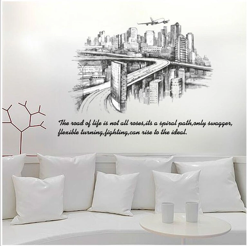 Adesivo Murale in PVC Rimovibile Silhouette Skyline Città Citazione Motivazionale Ponte Aereo Schizzo Murale per Casa