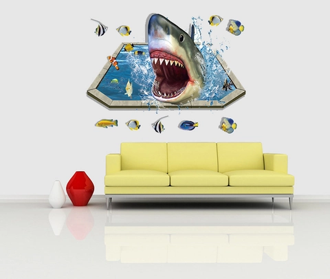 3D Ocean Shark Broken Wall Sticker Removable PVC Decorative Decal With Colorful Tropical Fish For Kids Room Bathroom Home Art