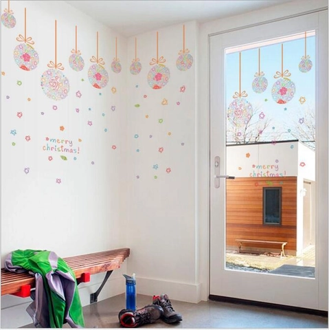 Pegatinas de Pared de Navidad PVC Extraíbles Patrón de Bolas Estrellas Merry Christmas Vinilos Ventana Para Decoración