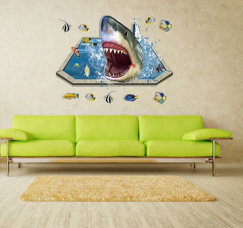 3D Ocean Shark Broken Wall Sticker Removable PVC Decorative Decal With Colorful Tropical Fish For Kids Room Bathroom Home Art