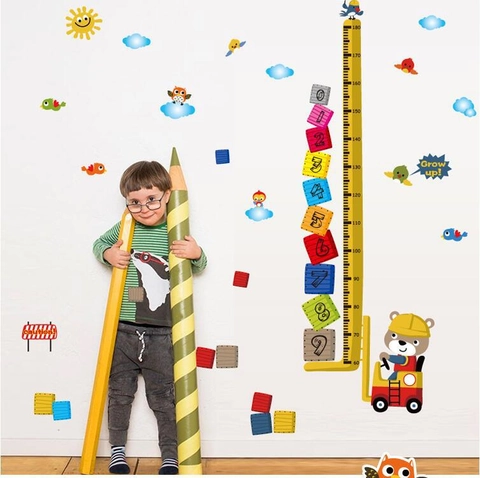 Adesivo da Parete Tabella di Crescita Altezza Bambini Veicoli da Cantiere Animali Cartone Animato Educativo Impermeabile