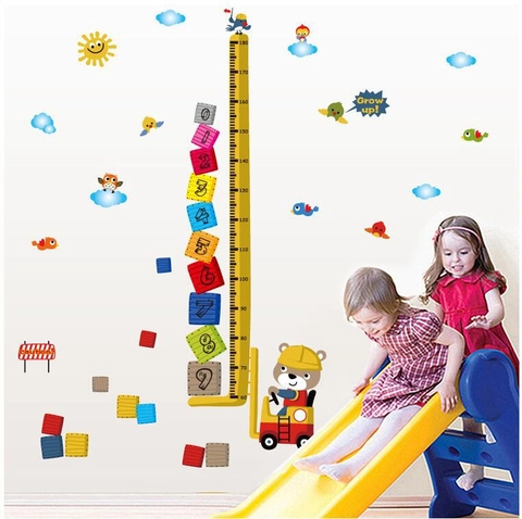 Adesivo da Parete Tabella di Crescita Altezza Bambini Veicoli da Cantiere Animali Cartone Animato Educativo Impermeabile