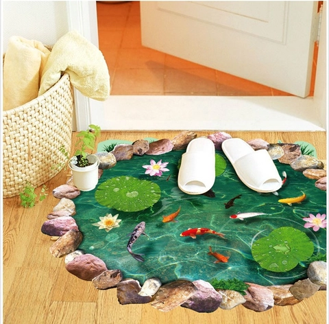 Adhesivo de Suelo de PVC Estanque de Carpas Koi 3D Borde de Guijarros Flor de Loto Realista Impermeable Decoración de Pared Hogar