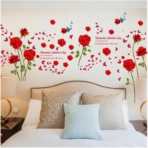 Adesivi Murali Romantici Con Fiori di Rosa Rossa E Farfalla in PVC Impermeabile Removibili Decalcomanie per San Valentino