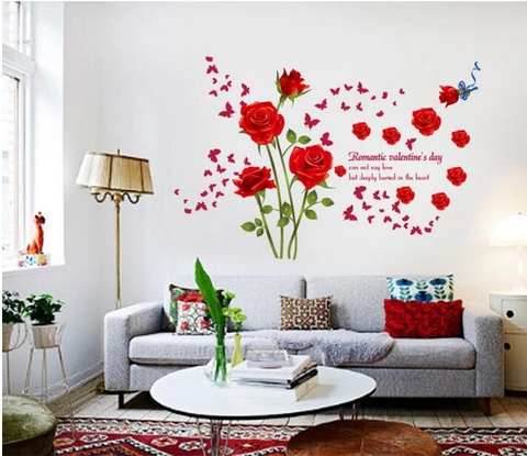 Adesivi Murali Romantici Con Fiori di Rosa Rossa E Farfalla in PVC Impermeabile Removibili Decalcomanie per San Valentino