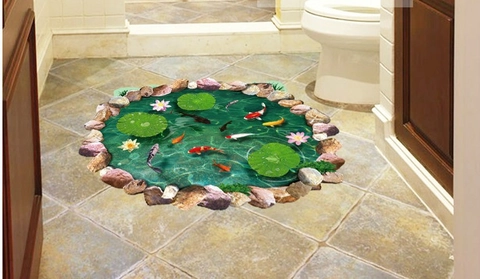 Adhesivo de Suelo de PVC Estanque de Carpas Koi 3D Borde de Guijarros Flor de Loto Realista Impermeable Decoración de Pared Hogar