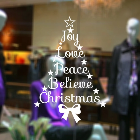 Sticker Mural Sapin de Noël Merry Christmas Joy Love Peace Believe Lettrage PVC pour Vitrine Maison Décoration