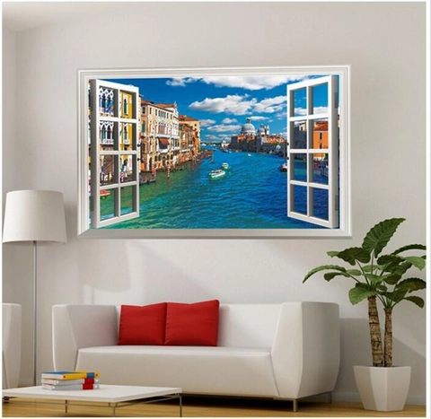 3D Falsches Fenster Wandtattoo Venedig Kanal PVC Wasserdicht Landschaft Wandbild Abnehmbar Haus Deko Wohnzimmer Wandsticker