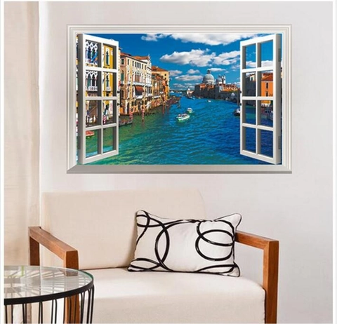 3D Falsches Fenster Wandtattoo Venedig Kanal PVC Wasserdicht Landschaft Wandbild Abnehmbar Haus Deko Wohnzimmer Wandsticker