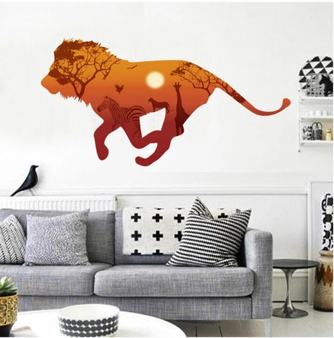 Künstlerisches Löwen Silhouette Wandtattoo Afrikanische Savanne Sonnenuntergang Zebra Giraffe Muster Abnehmbar PVC Dekor