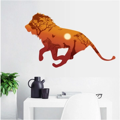 Künstlerisches Löwen Silhouette Wandtattoo Afrikanische Savanne Sonnenuntergang Zebra Giraffe Muster Abnehmbar PVC Dekor