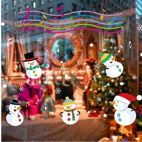 Kerstmis Sneeuwpop Muzieknoten Vensterstickers Cartoon Sneeuwvlok Muurstickers Voor Winkel Huis Kinderkamer Decoratie