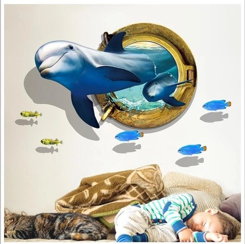 Adhesivo de Pared 3D Delfín Océano PVC Impermeable Removible Calcomanía de Pared para Sala de Estar Dormitorio Habitación Niños Decoración Hogar