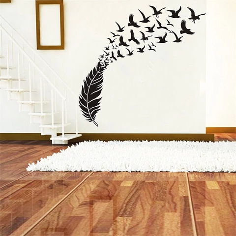 Pegatina de Pared Creativa Pluma y Aves Volando Impermeable PVC Removible Moderno Minimalista DIY Decoración Hogar para Sala