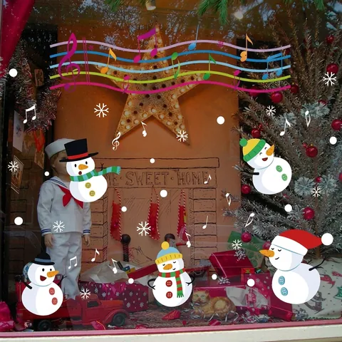 Kerstmis Sneeuwpop Muzieknoten Vensterstickers Cartoon Sneeuwvlok Muurstickers Voor Winkel Huis Kinderkamer Decoratie